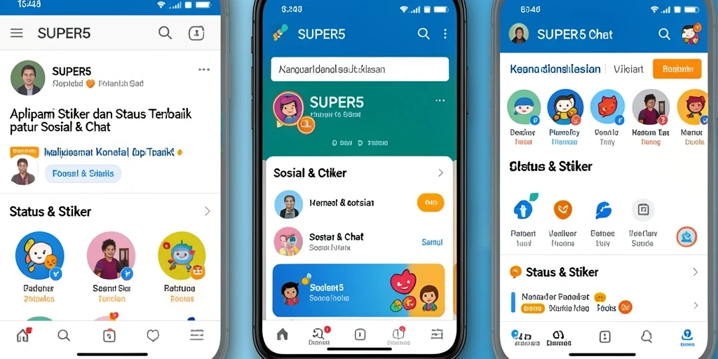 Tampilan antarmuka SUPER5 menunjukkan beragam stiker menarik dan interaktif.